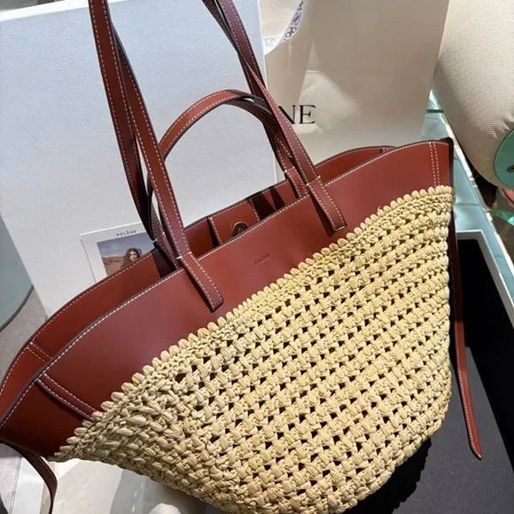 Polene Paris Crochet Straw Tote Bag Browm Leather Trim - Picture 2 of 10